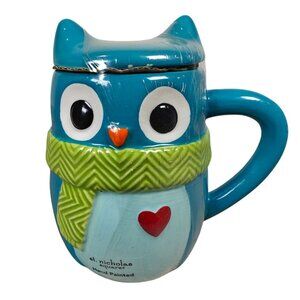 St. Nicholas Square Hand Painted Owl Mug With Lid 16oz Ceramic Blue With Green S